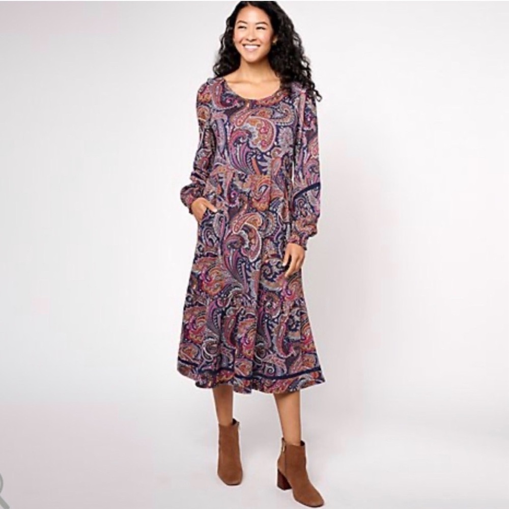 Canyon Retreat Paisley Tiered Dress Size Large Easy Midi Boot Brown A606153